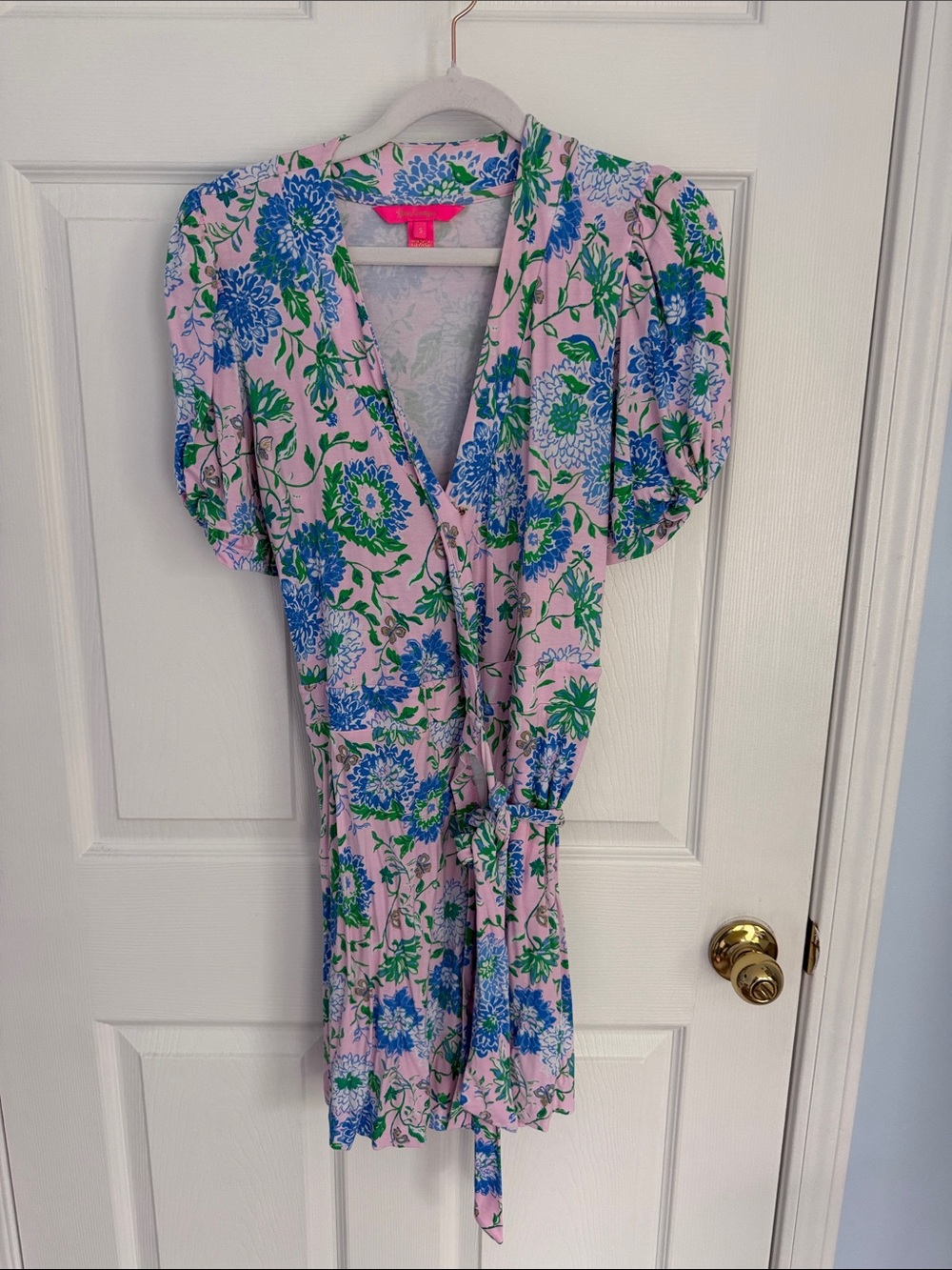 Pink Floral Wrap Dress with Blue & Green Print